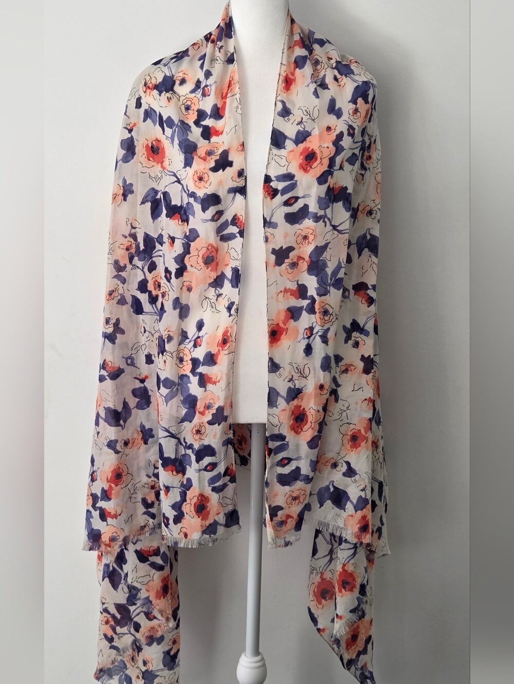Floral Lightweight Scarf in Coral & Navy